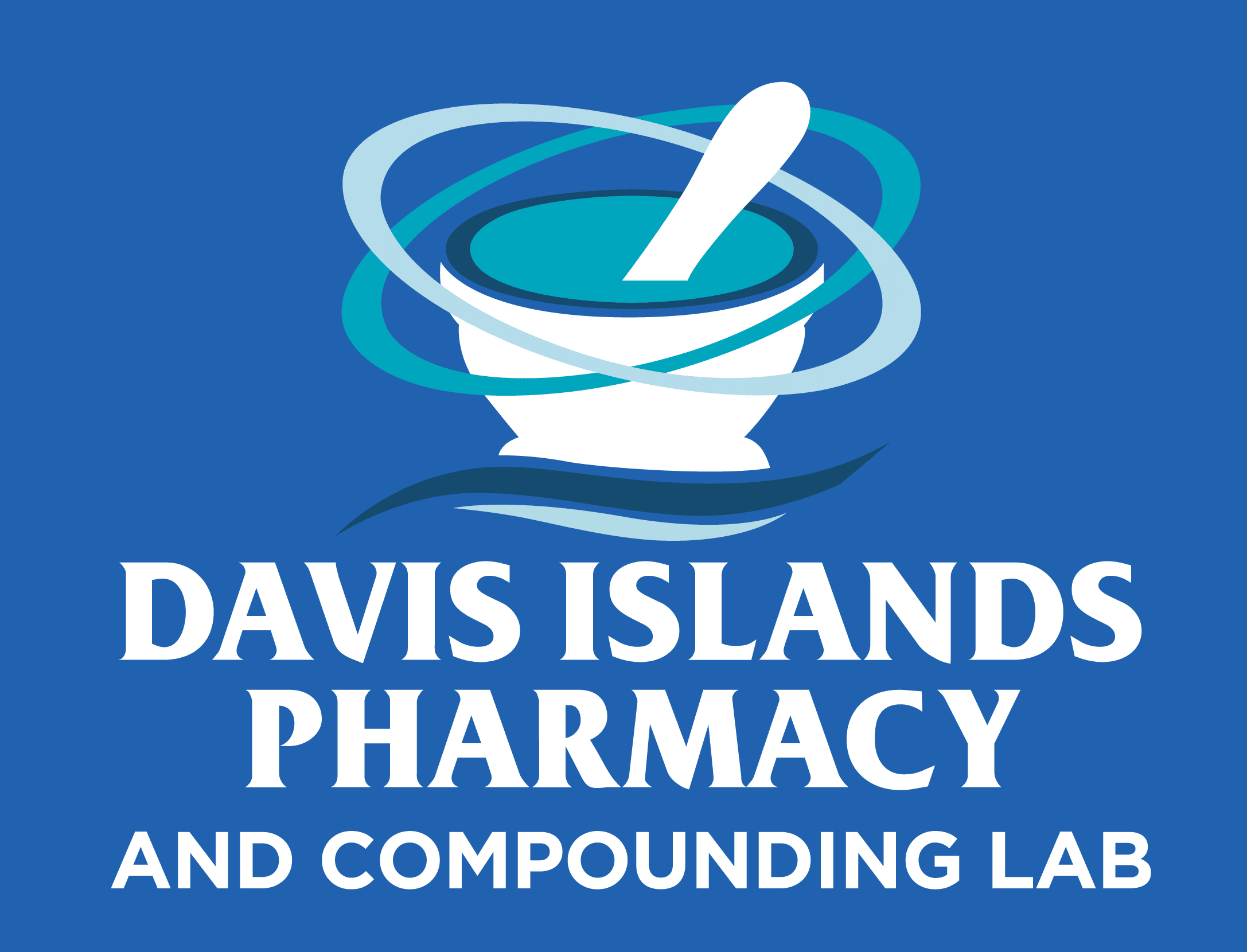 Logo for Davis Islands Pharmacy and Compounding Lab featuring a white mortar and pestle with turquoise and teal orbital rings on a blue background
