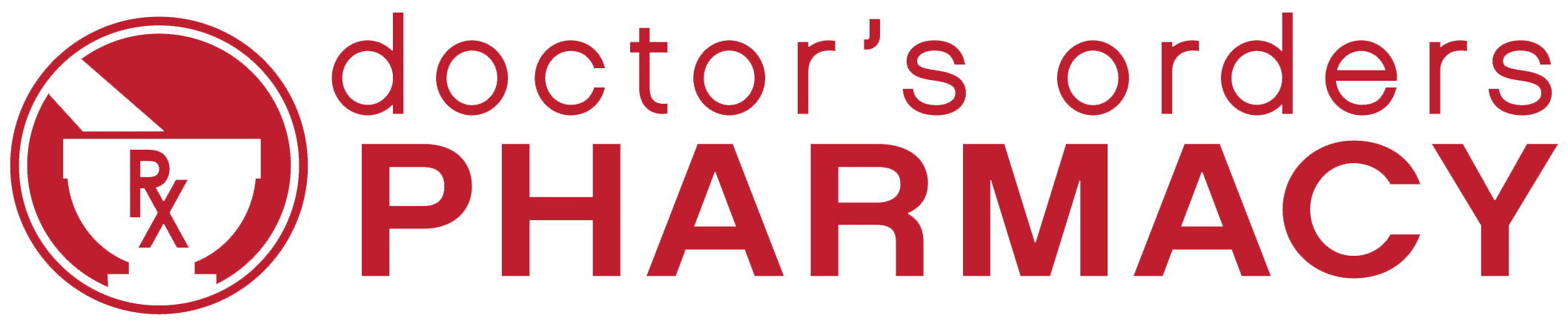 Doctor's Orders Pharmacy logo: red circular Rx symbol to the left of the text