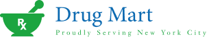 Drug Mart logo: green shield with Rx symbol, blue 'Drug Mart' text, and tagline 'Proudly Serving New York City'