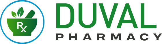 Duval Pharmacy logo: blue circle emblem with a green mortar and pestle and Rx, beside green 'DUVAL' and gray 'PHARMACY' text.