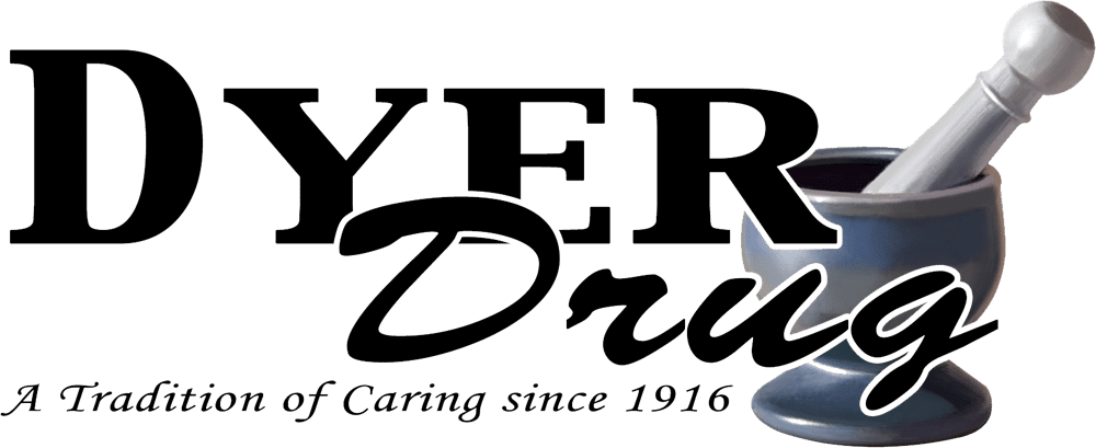 Dyer Drug logo with bold serif 'DYER' and cursive 'Drug', blue mortar and pestle on the right, tagline 'A Tradition of Caring since 1916'