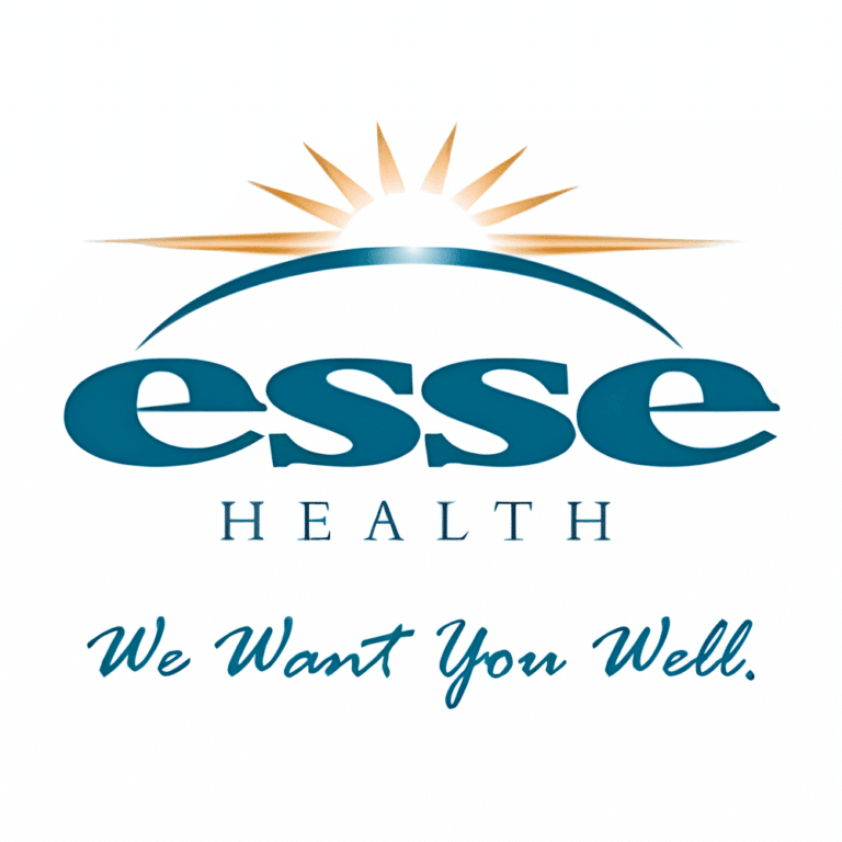 Esse Health logo with a sun rising above a teal arc and the slogan 'We Want You Well'.