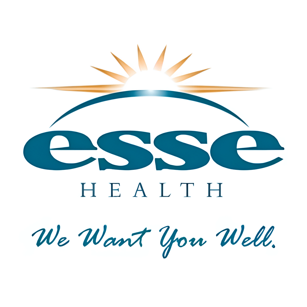 Esse Health logo with a teal curved arc, rising sun, blue 'esse' wordmark, 'HEALTH' in uppercase, and the slogan 'We Want You Well.'
