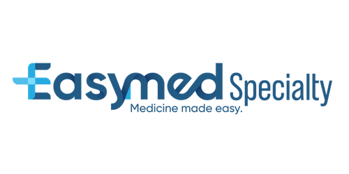 EasyMed Specialty logo featuring a teal cross emblem and blue wordmark with the tagline 'Medline made easy'.