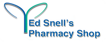 Logo for Ed Snell's Pharmacy Shop with a teal/blue stylized leaf design and blue text