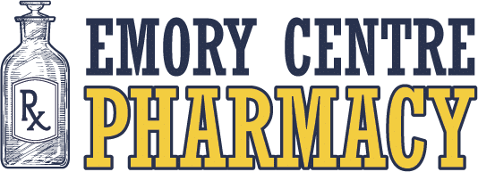 Emory Centre Pharmacy logo featuring a blue medicine bottle with an Rx symbol and bold green and gold text reading 'PHARMACY'