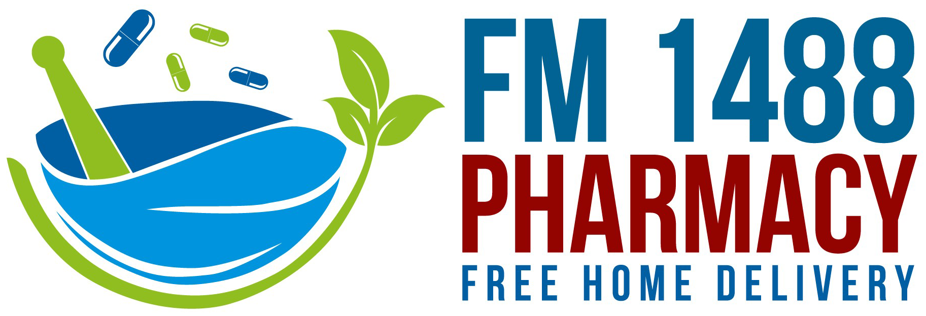 FM 1488 Pharmacy logo featuring a blue mortar and pestle with green leaves and pills, and the text 'Free Home Delivery'