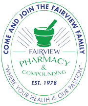 Circular logo for Fairview Pharmacy with a green mortar and pestle and the motto 'Come and join the Fairview family' (est. 1978).