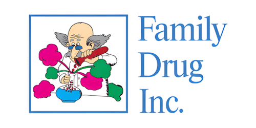 Family Drug Inc. logo with a cartoon scientist stirring a bubbling beaker beside blue text