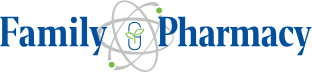 Family Pharmacy logo: blue wordmark with a green atomic symbol between 'Family' and 'Pharmacy'.