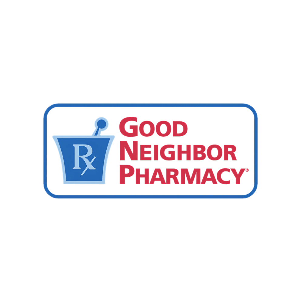 Good Neighbor Pharmacy sign with blue Rx cup logo on a rounded blue rectangle background