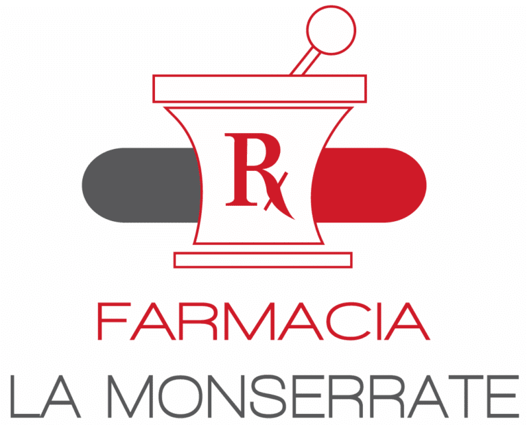 Pharmacy logo: a mortar-and-pestle emblem with Rx symbol, red 'FARMACIA' text below and faint 'LA MONSERRATE' beneath.