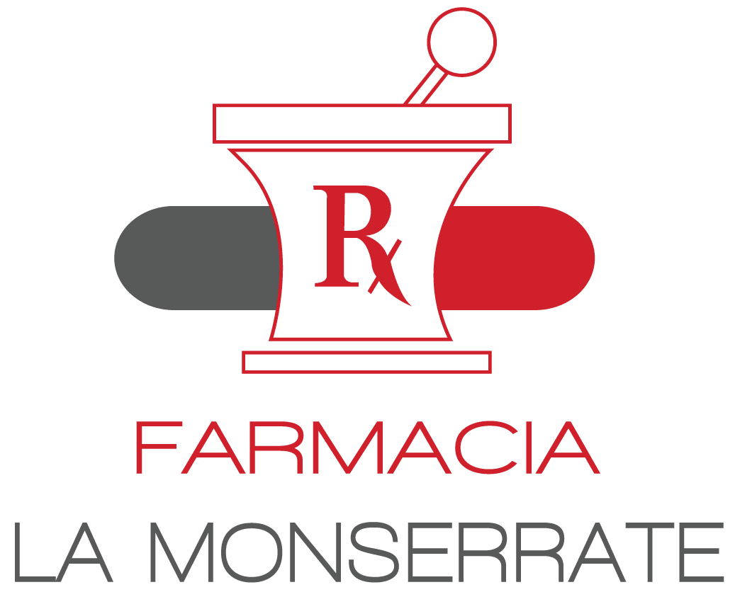 Pharmacy logo with a mortar and pestle, red Rx, and the words FARMACIA LA MONSERRATE.
