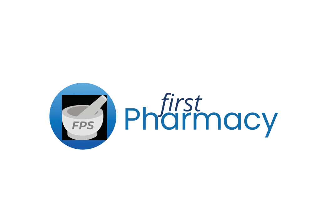 First Pharmacy logo featuring a mortar and pestle inside a blue circle with the letters FPS, alongside the word 'first' in blue script and 'Pharmacy' in blue