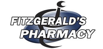Fitzgerald's Pharmacy logo with bold white lettering over a dark blue oval and a stylized black-and-silver medical symbol