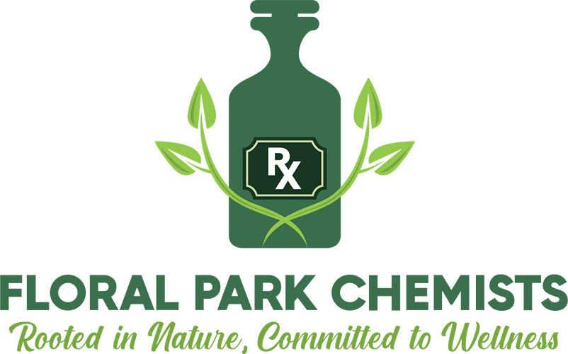 Floral Park Chemists logo: green medicine bottle with botanical leaves and an Rx symbol, plus the slogan 'Rooted in Nature, Committed to Wellness'.