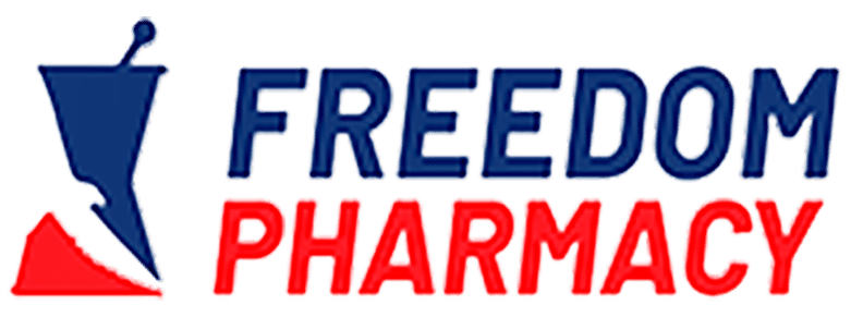 Freedom Pharmacy logo featuring a blue mortar-and-pestle icon and the words 'FREEDOM' (blue) and 'PHARMACY' (red).