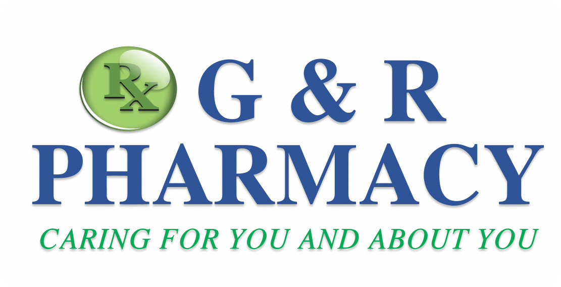 G & R Pharmacy logo with blue serif name, a green Rx badge on the left, and the green slogan 'Caring for you and about you'