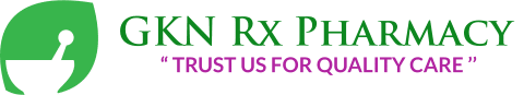 GKN Rx Pharmacy logo with a green mortar-and-pestle icon and the slogan 'Trust us for quality care' in magenta text