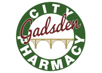 City Gadsden Pharmacy logo: green circle with white border text reading 'City' (top) and 'Pharmacy' (bottom), 'Gadsden' in red script over a bridge illustration.