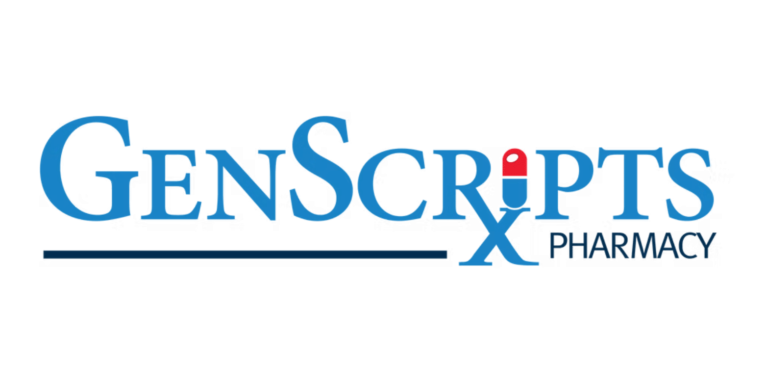 GenScripts Pharmacy logo in blue with a red pill dot on the 'i' and the word 'Pharmacy' beside it.
