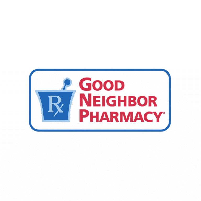 Good Neighbor Pharmacy logo with blue Rx symbol and red wordmark on a rounded blue border background