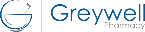 Greywell Pharmacy logo featuring a blue mortar and pestle icon to the left of the brand name