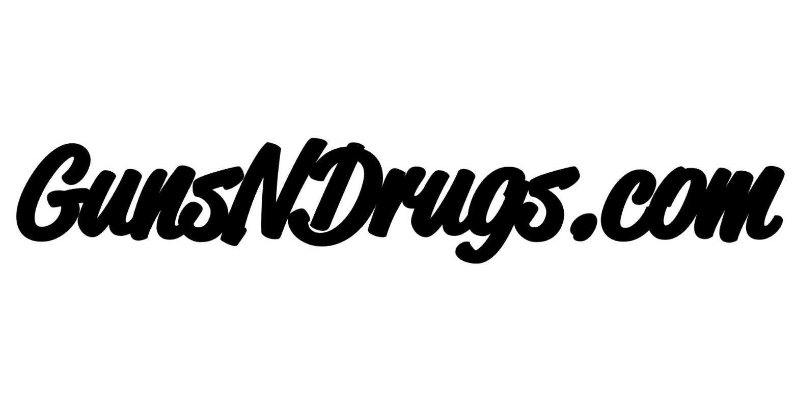 GunsNDrugs.com logo in black cursive lettering on a white band with green bars above and below