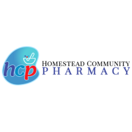 Logo for Homestead Community Pharmacy: a blue circular icon with 'hcp' and a mortar-and-pestle graphic, followed by the bold text 'Homestead Community Pharmacy'