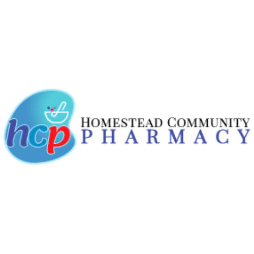 Homestead Community Pharmacy logo: blue oval with 'hcp' and a mortar-and-pestle icon, followed by the words 'Homestead Community Pharmacy'