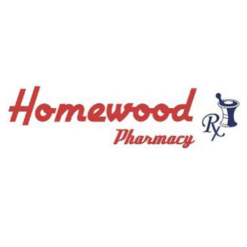 Homewood Pharmacy logo in red script with a blue Rx symbol to the right.