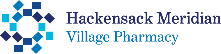 Logo for Hackensack Meridian Village Pharmacy: blue geometric mosaic on the left and the name in dark and light blue text on the right