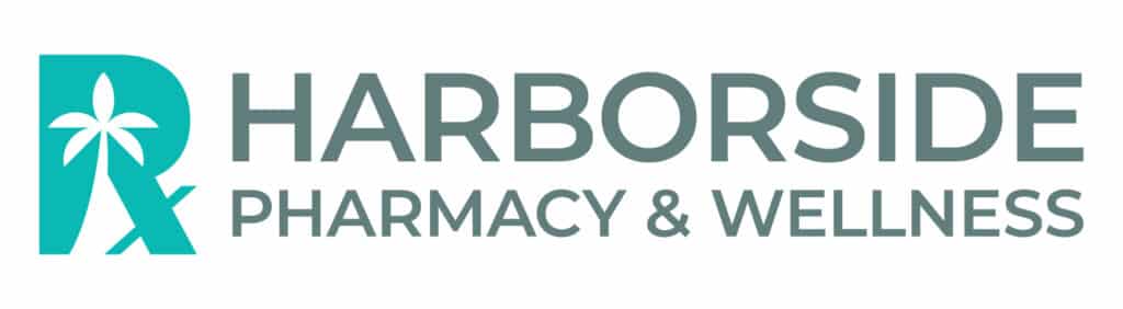Harborside Pharmacy & Wellness logo: teal stylized 'R' with a palm tree, and the gray wordmark 'HARBORSIDE PHARMACY & WELLNESS'