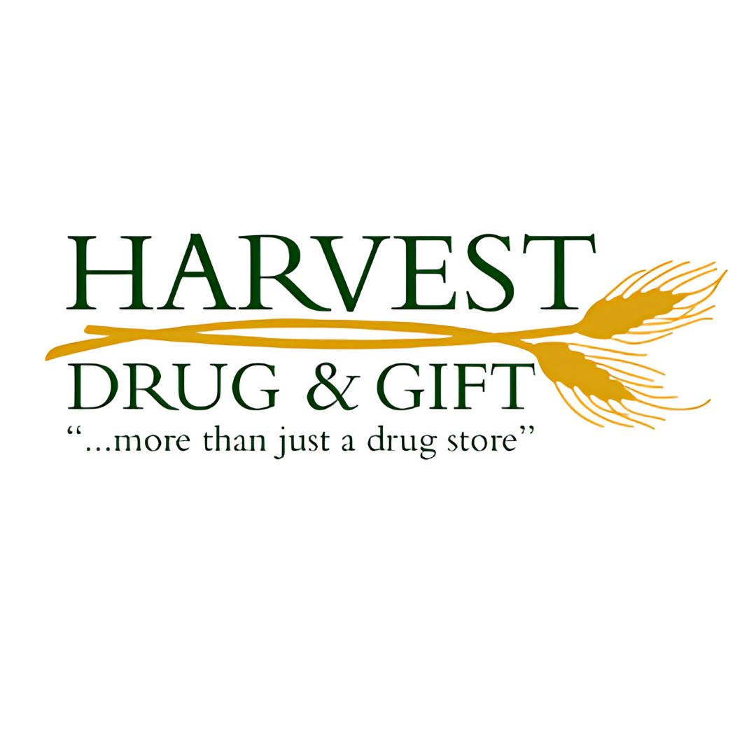 Harvest Drug & Gift logo in green text with golden wheat stalks and the tagline '... more than just a drug store'