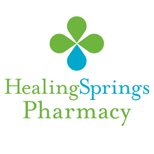 Healing Springs Pharmacy logo with a green clover-like symbol and a blue teardrop, above the text 'Healing Springs Pharmacy'.