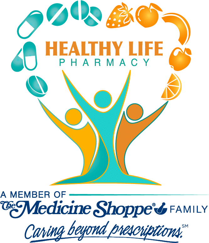 Logo for Healthy Life Pharmacy, a member of The Medicine Shoppe family, depicting three abstract figures raising arms inside a circle of pills and fruit, with the motto 'Caring beyond prescriptions.'