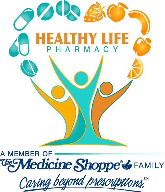 Healthy Life Pharmacy logo with teal and orange figures raised arms, surrounded by pills and fruit icons, and the slogan 'A Member of The Medicine Shoppe Family' below.