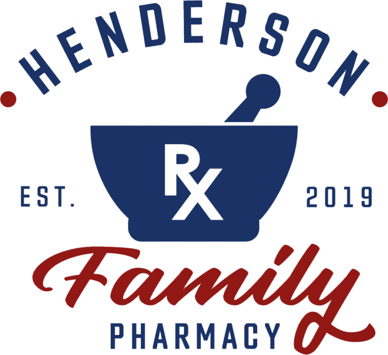 Henderson Family Pharmacy logo with a blue mortar and pestle RX symbol, green background, and red 'Family' script.