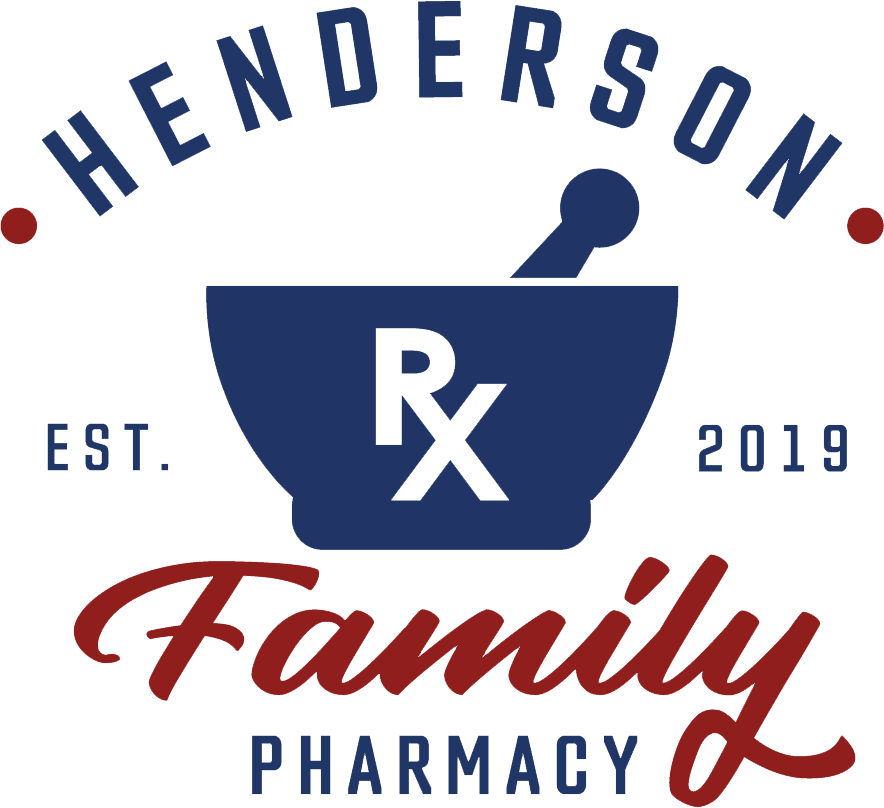 Henderson Family Pharmacy logo: navy mortar and pestle with RX, 'Est. 2019', red 'Family', blue 'Pharmacy' text.
