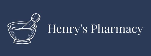 Henry's Pharmacy logo: a white mortar and pestle icon to the left of the text 'Henry's Pharmacy' on a dark blue background.