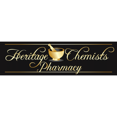 Heritage Chemists Pharmacy logo on a black banner with gold script lettering and a gold mortar and pestle emblem.