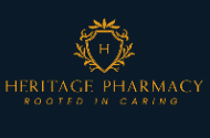 Heritage Pharmacy logo with a gold crest and the letter H on a navy background, plus the slogan 'Rooted in Caring'.