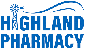 Highland Pharmacy logo in blue with a windmill icon and curved lines.