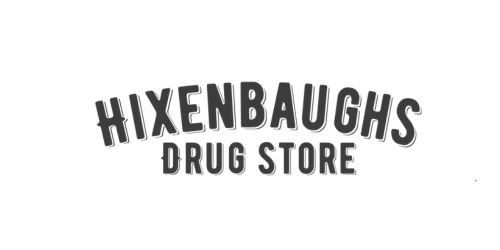 Arched logo text reading 'Hixenbaughs Drug Store' in dark letters on a green background.
