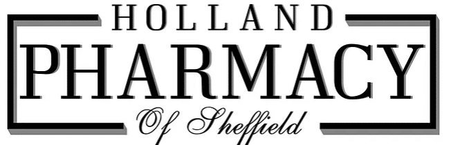 Logo for Holland Pharmacy of Sheffield, featuring bold 'PHARMACY' within a framed rectangular border, with 'HOLLAND' above and 'Of Sheffield' in script.