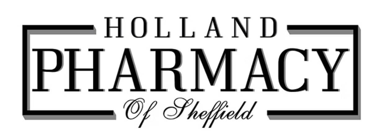 Logo for Holland Pharmacy of Sheffield, a black-and-white upscale pharmacy brand mark with framed borders and cursive 'of Sheffield' text.