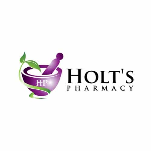 Holt's Pharmacy logo featuring a purple mortar and pestle with green leaves and the letters HP.
