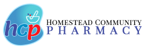 Homestead Community Pharmacy logo with a blue circular 'hcp' emblem and the store name.