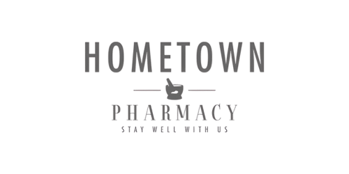 Hometown Pharmacy logo with a small hand icon between the words, displaying the brand name and tagline text.