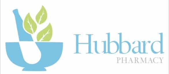 Hubbard Pharmacy logo featuring a blue mortar and pestle with green leaves and the words Hubbard Pharmacy.
